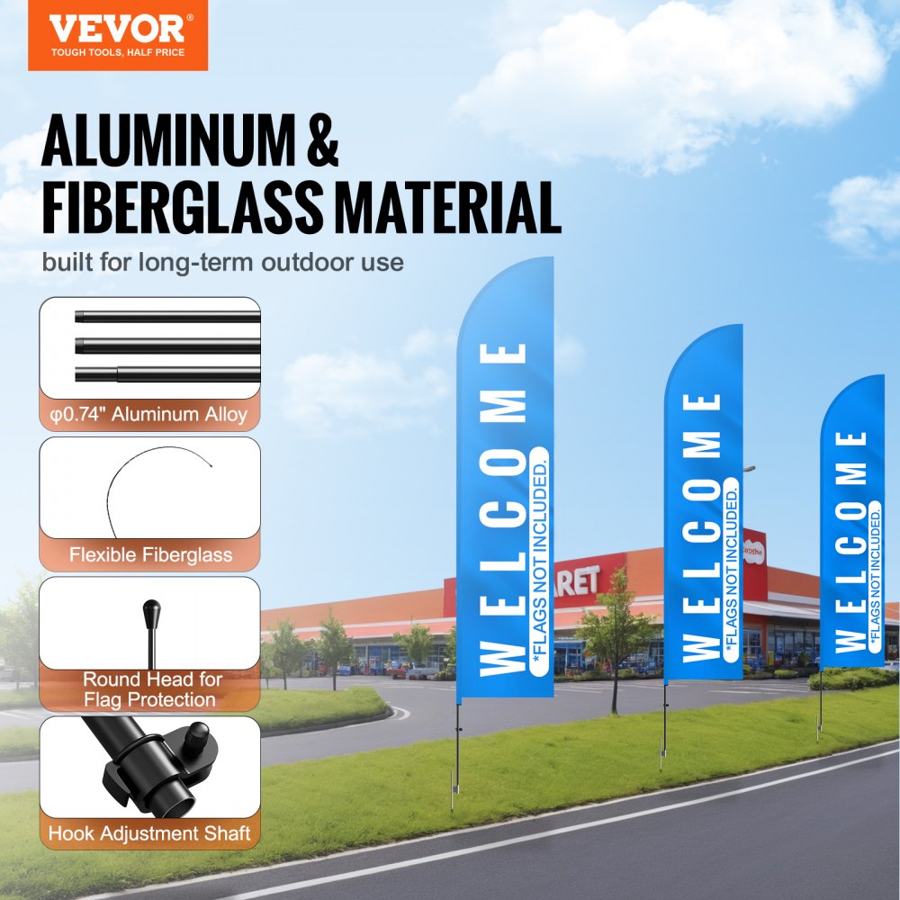 VEVOR Feather Flag Pole Kit, 2 Packs Swooper Flag Pole 16.3 ft, Sign Flag Poles for Business Advertising Flags Outdoor, with Ground Stakes and A Carrying Bag (Flag Not Included)