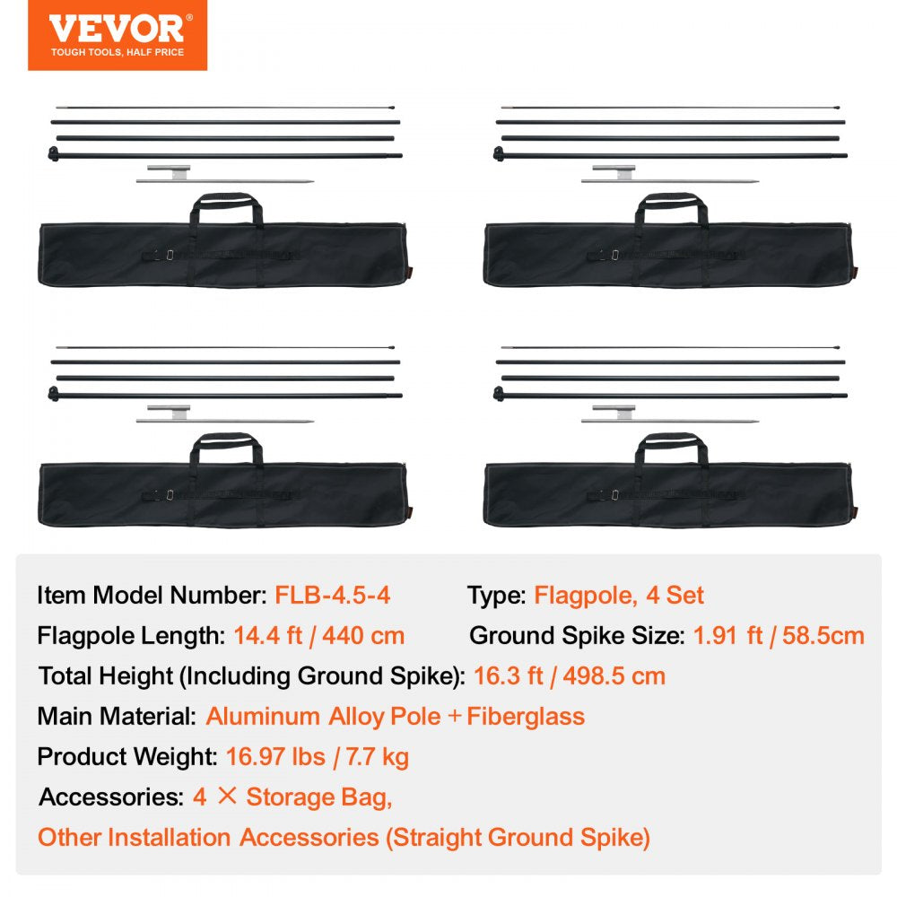 VEVOR Feather Flag Pole Kit, 4 Packs Swooper Flag Pole 16.3 ft, Sign Flag Poles for Business Advertising Flags Outdoor, with Ground Stakes and A Carrying Bag (Flag Not Included)