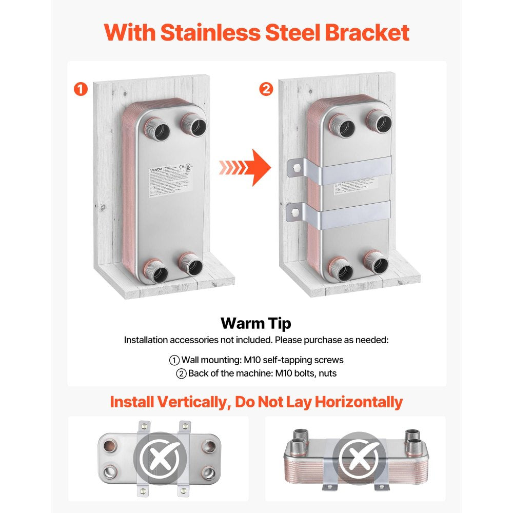 VEVOR Plate Heat Exchanger, 5 x 12 in Brazed Plate Water to Water Heat Exchanger with 20 Plates, Mounting Bracket, Sturdy Stainless Steel Construction, 170-330K BTU for Boiler, Radiant Floor Heating