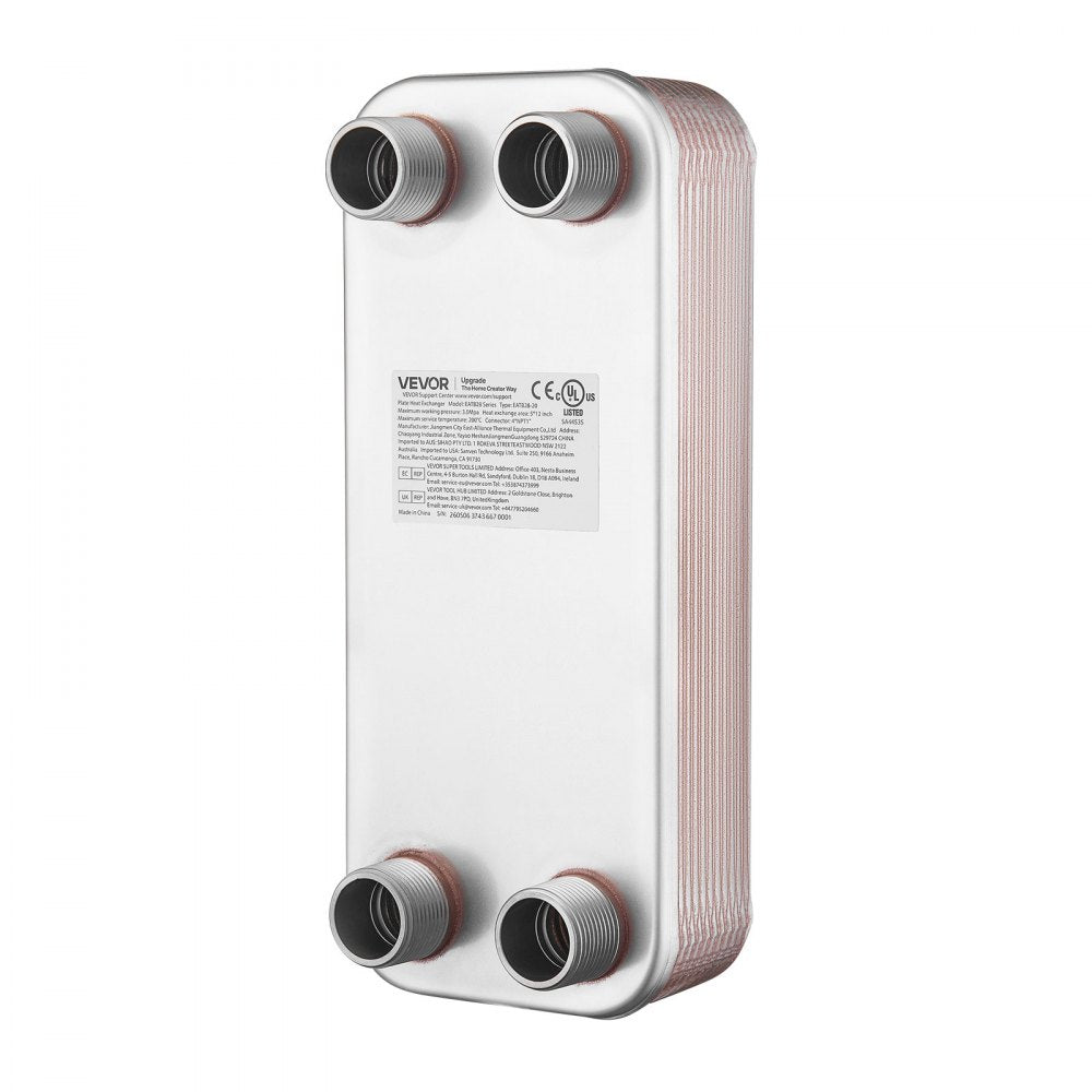 VEVOR Plate Heat Exchanger, 5 x 12 in Brazed Plate Water to Water Heat Exchanger with 20 Plates, Mounting Bracket, Sturdy Stainless Steel Construction, 170-330K BTU for Boiler, Radiant Floor Heating
