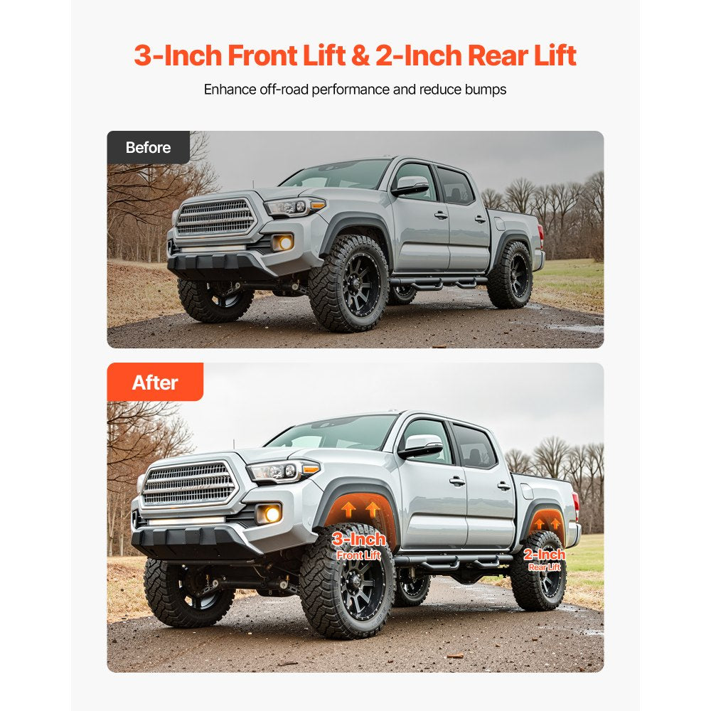VEVOR 3 Inch Front and 2 Inch Rear Leveling Lift Kit for 2005-2021, 2022, 2023 Toyota Tacoma 2WD/4WD, Chassis Level Kit with 2 Front Strut Spacers, 2 Rear Lift Blocks, 4 U-Bolts, Suspension Level Kit