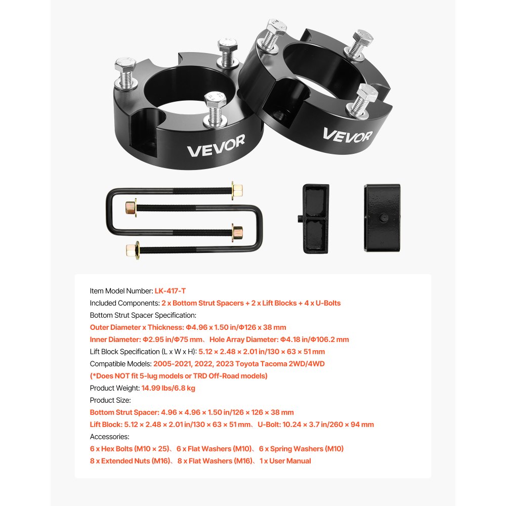VEVOR 3 Inch Front and 2 Inch Rear Leveling Lift Kit for 2005-2021, 2022, 2023 Toyota Tacoma 2WD/4WD, Chassis Level Kit with 2 Front Strut Spacers, 2 Rear Lift Blocks, 4 U-Bolts, Suspension Level Kit