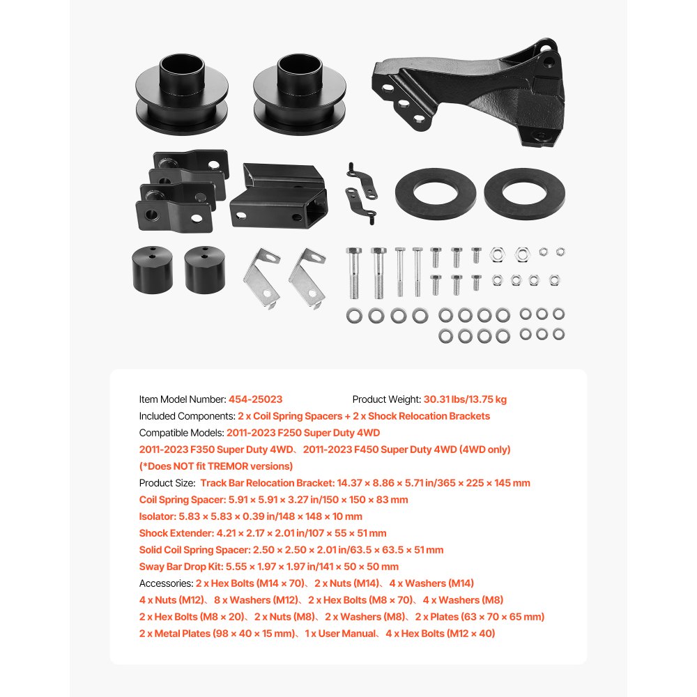 VEVOR 2.5 Inch Front Leveling Lift Kit for 2011-2023 Ford F250 F350 F450 Super Duty 4WD Models, Chassis Level Kit with Track Bar Relocation Bracket, Coil Spring Spacers, Isolators, Shock Extenders
