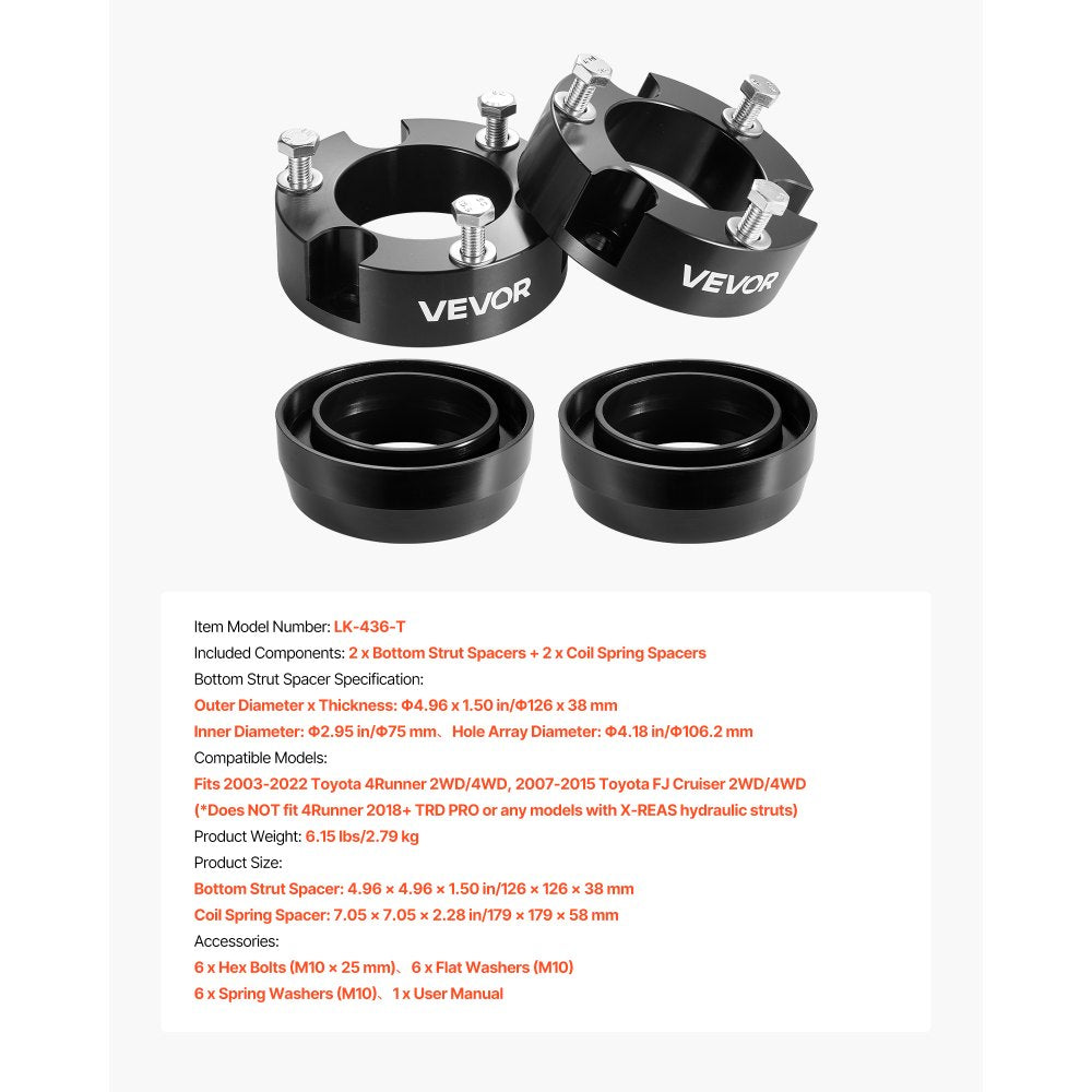 VEVOR 3 Inch Front and 2 Inch Rear Leveling Lift Kit for 2003-2022 Toyota 4Runner 2WD/4WD, 2007-2015 Toyota FJ Cruiser 2WD/4WD, Chassis Level Kit with 2 Bottom Strut Spacers and 2 Coil Spring Spacers