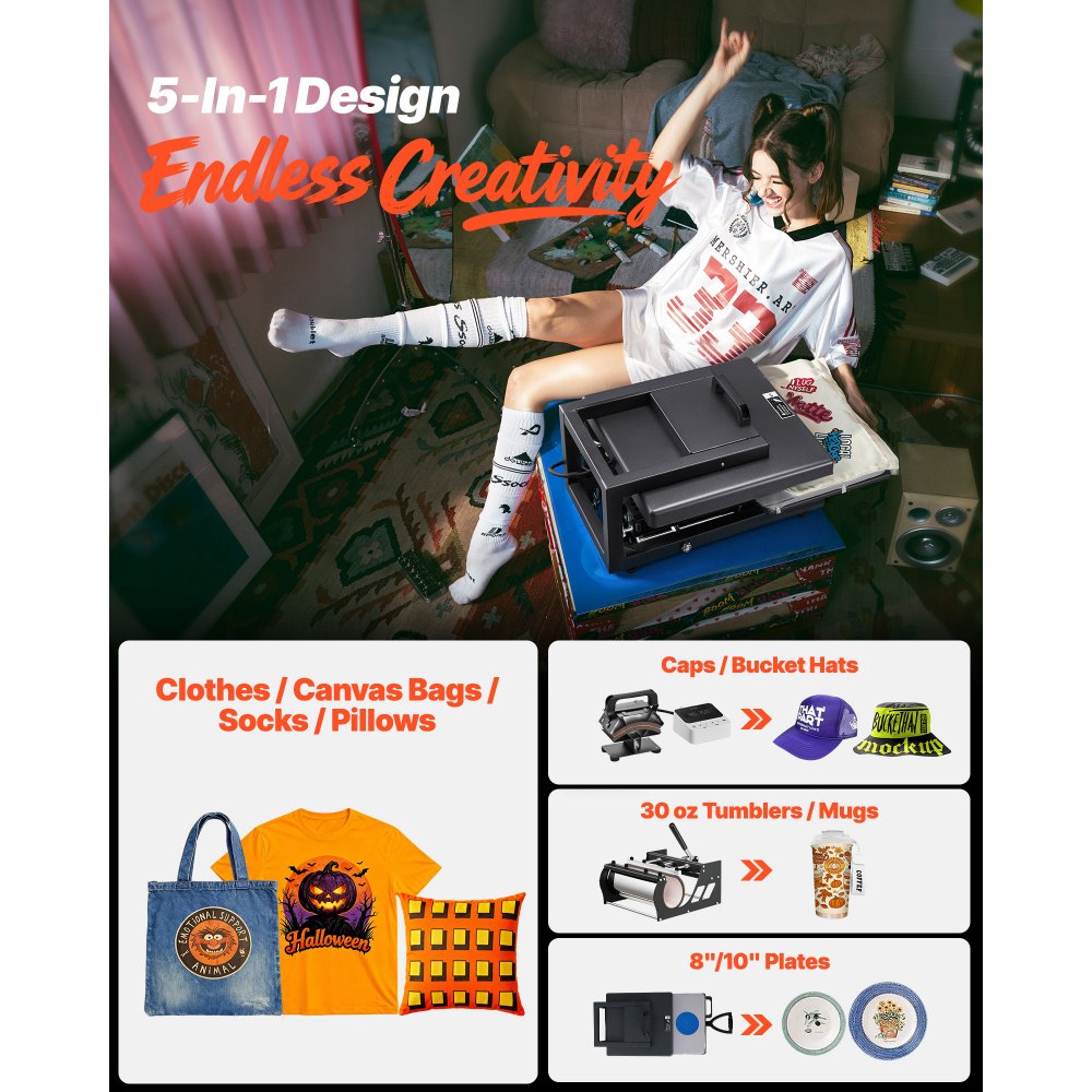 VEVOR Hybrid Heat Press, 15 x 15 inch, 5-in-1 Multifunction, Heat Up Fast and Even, All-New Patented Design, Easy to Control, Sublimation Press Machine for T-shirts/Mugs/Tumblers/Caps/Plates, Black