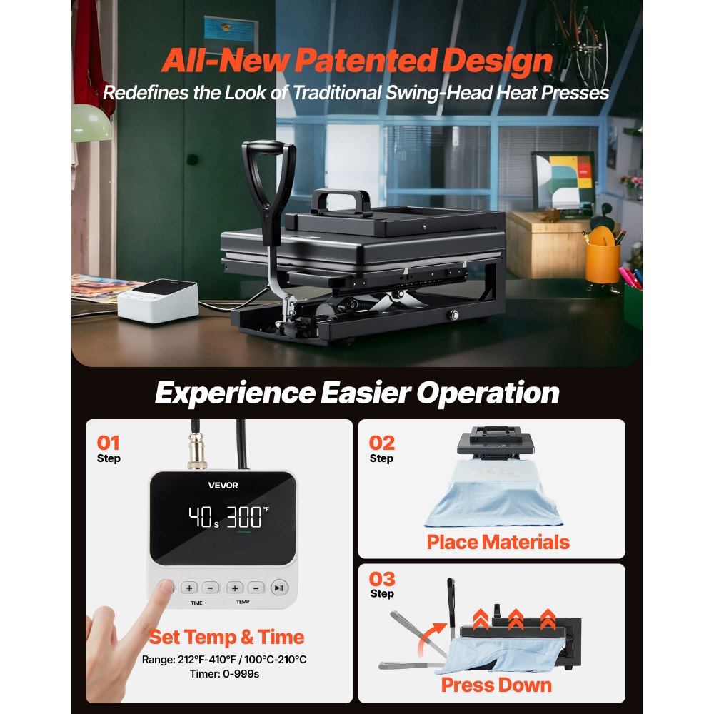VEVOR Hybrid Heat Press, 15 x 15 inch, 5-in-1 Multifunction, Heat Up Fast and Even, All-New Patented Design, Easy to Control, Sublimation Press Machine for T-shirts/Mugs/Tumblers/Caps/Plates, Black