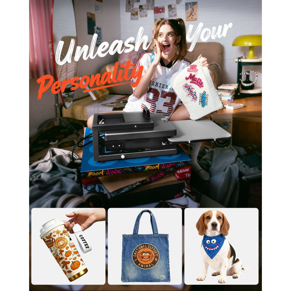 VEVOR Hybrid Heat Press 15 x 15 Inch 8-in-1 Sublimation Press Machine Black, for T-shirts/Mugs/Tumblers/Caps/Plates, Multifunction Design, Heat Up Fast and Even, All-New Patented Design, Easy to Control