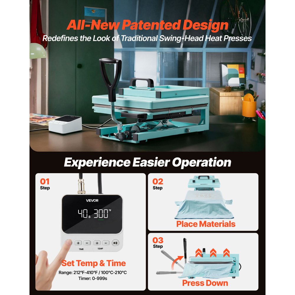 VEVOR Hybrid Heat Press Machine 15" x 15" 8-in-1 Sublimation Press Machine, for T-shirts/Mugs/Tumblers/Caps/Plates, Multifunction Design, Heat Up Fast and Even, All-New Patented Design, Light Green