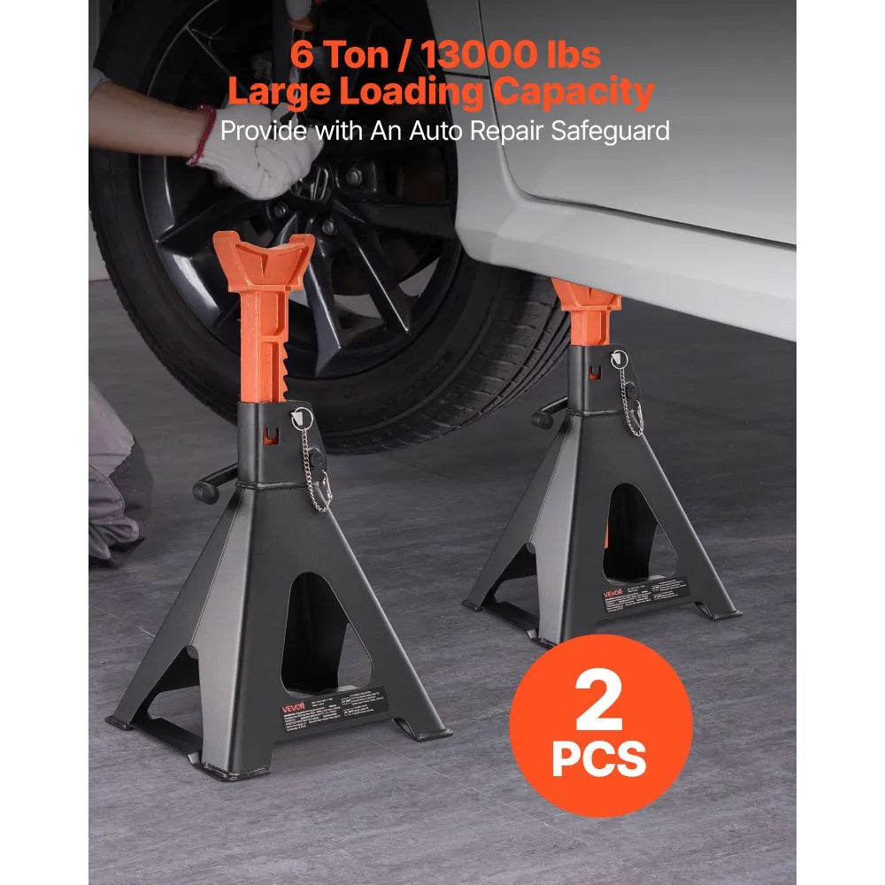 VEVOR Jack Stands, 6 Ton (13,000 lbs) Capacity, 14.6-22.8 in Adjustable Height, Heavy Duty Steel Jack Auto Stands with Double Locking, for Lifting RV, Small Truck, Car, SUV, 1 Pair, Black and Orange
