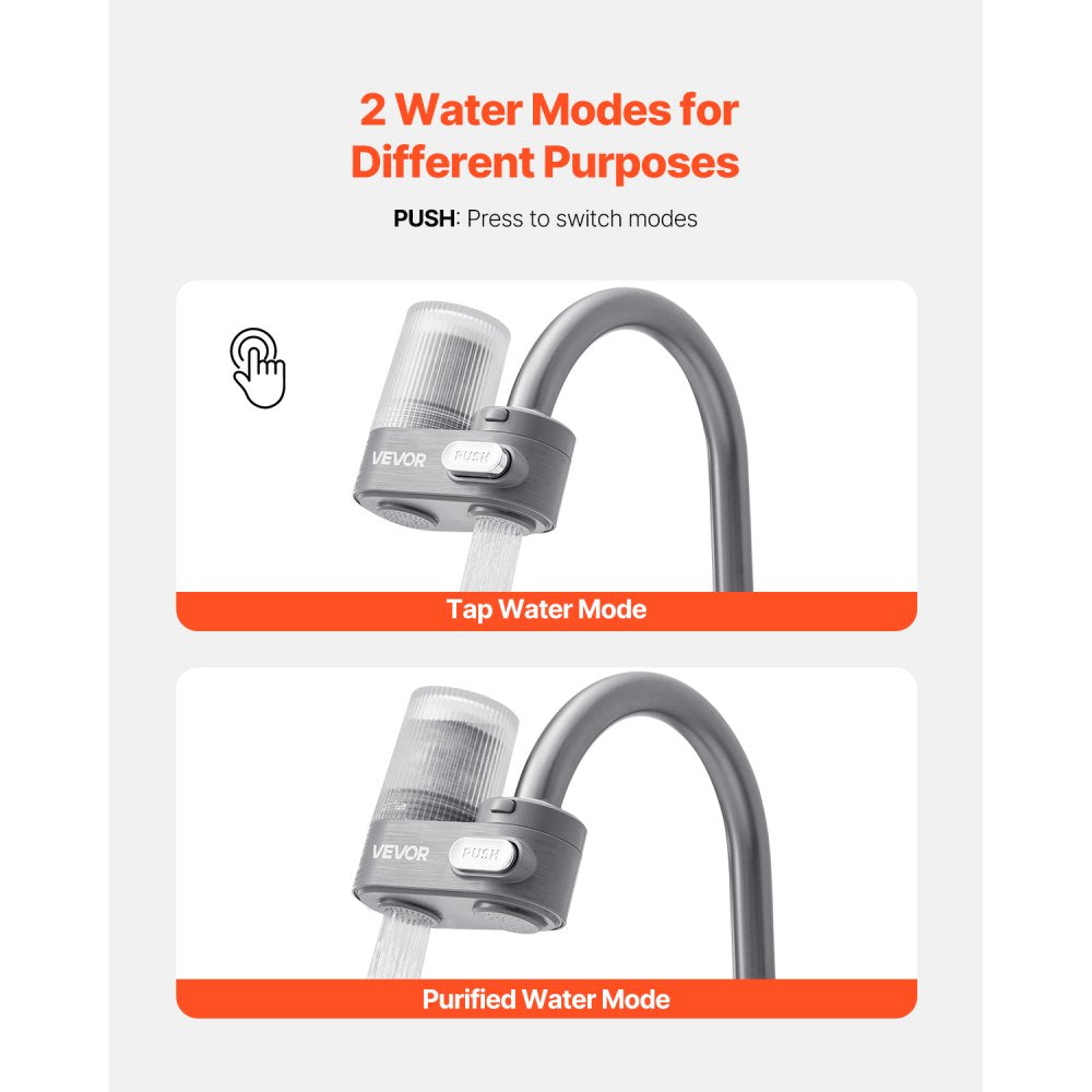 VEVOR Faucet Mount Water Filter, Vertical Water Purifier for Sink Tap, Carbon Fiber Filters, Removes Chlorine Lead with 1 Filter, Fits Most Kitchen or Bathroom Faucets, Gray