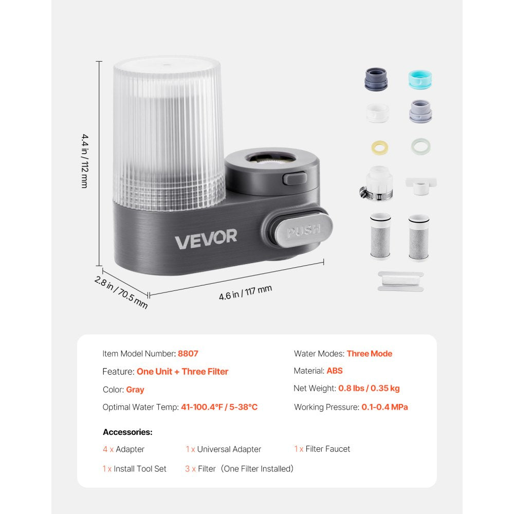 VEVOR Faucet Mount Water Filter, Vertical Water Purifier for Sink Tap, Carbon Fiber Filter, Removes Chlorine Lead with 3 Filters, Fits Most Kitchen or Bathroom Faucets, Gray