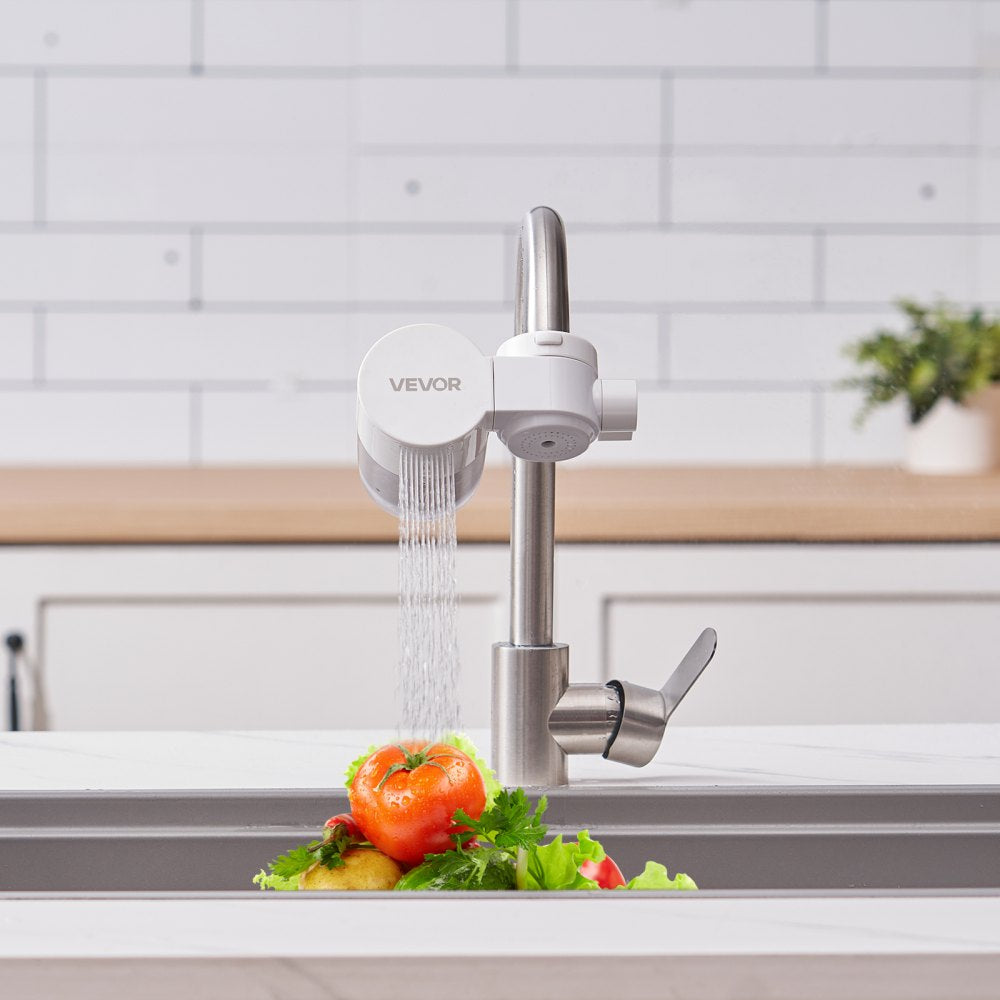 VEVOR Faucet Mount Water Filter, Horizontal Water Purifier for Sink Tap, Carbon Fiber Filter, Removes Chlorine Lead with 3 Filters, Fits Most Kitchen or Bathroom Faucets, White