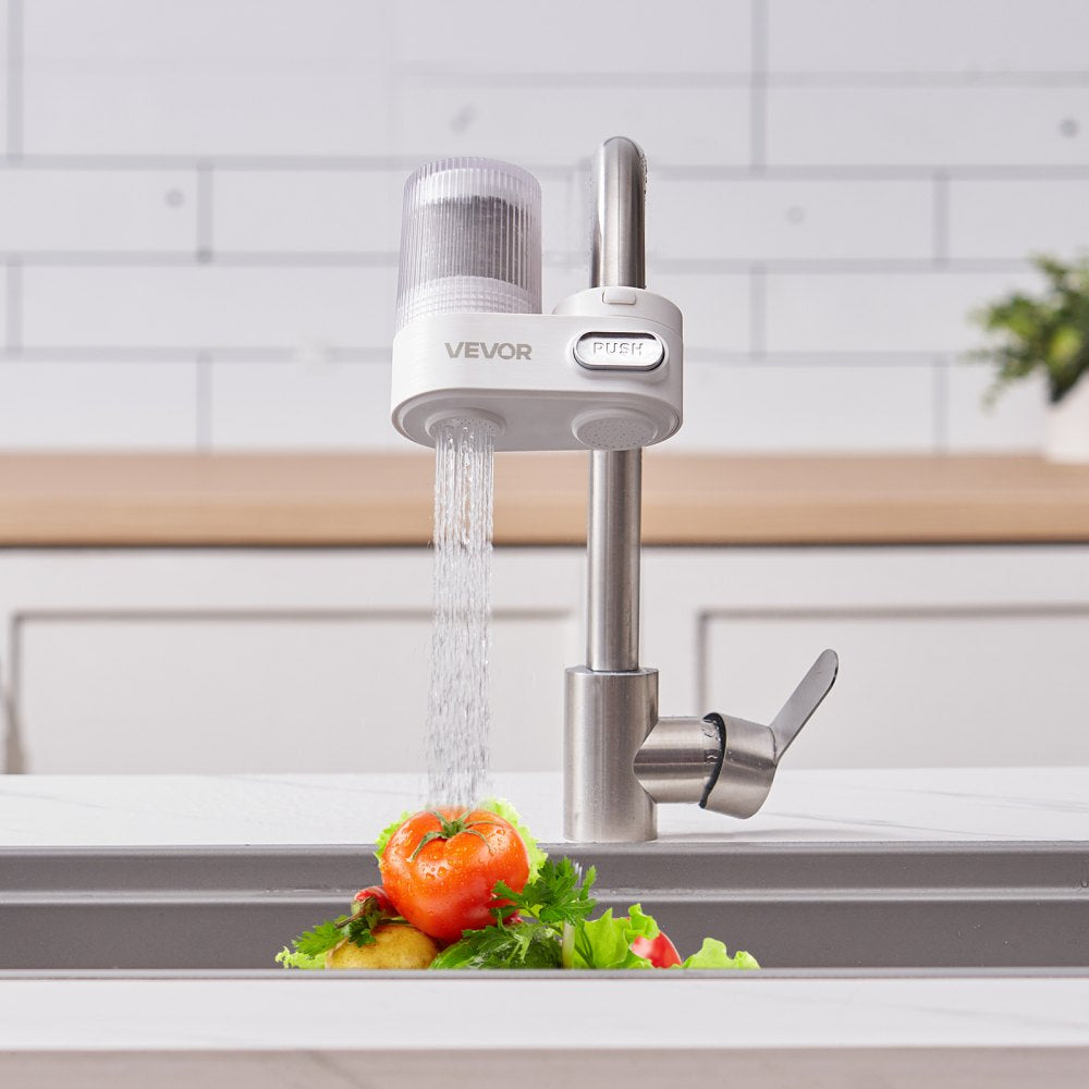 VEVOR Faucet Mount Water Filter, Vertical Water Purifier for Sink Tap, Carbon Fiber Filters, Removes Chlorine Lead with 1 Filter, Fits Most Kitchen or Bathroom Faucets, White