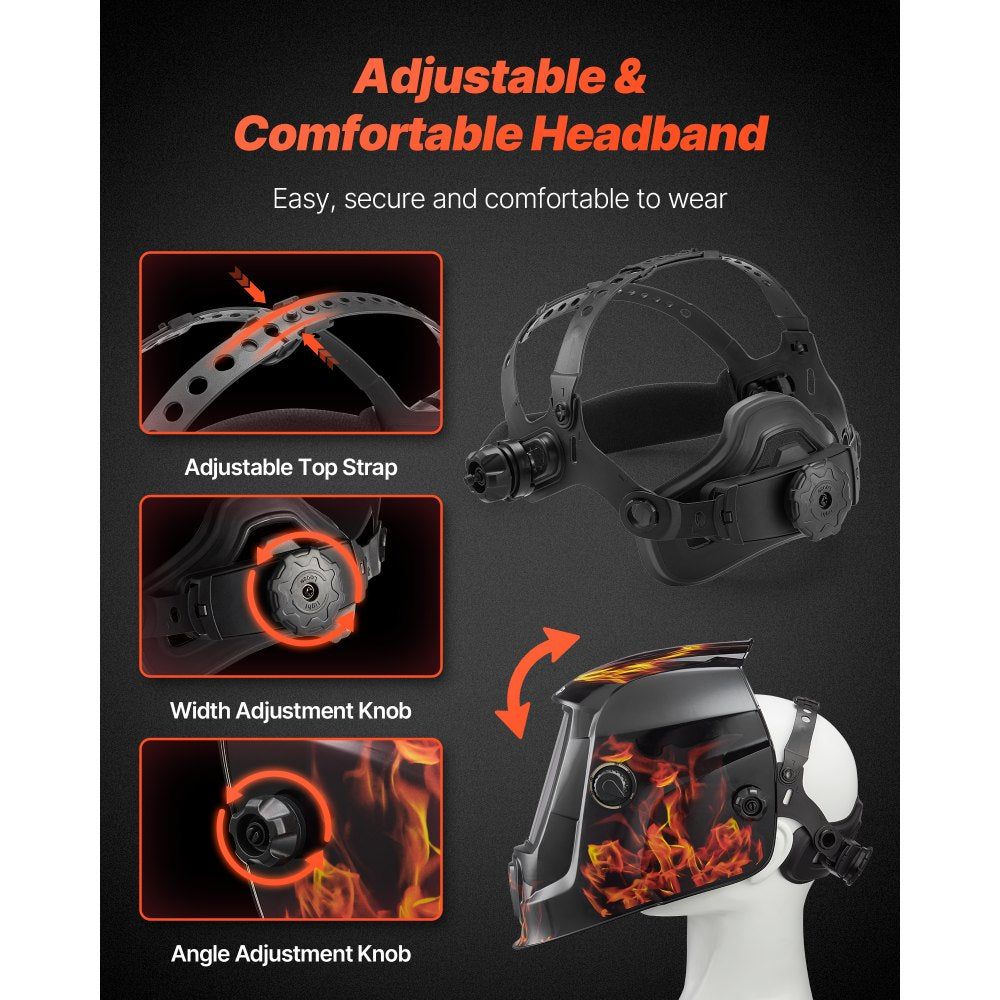 VEVOR Welding Helmet Auto Darkening, 3.66" x 1.69" True Color Welding Hood, Solar-Powered Welder Mask 2 Arc Sensors, Shade 4/9-13 for TIG MIG ARC Weld Grinding - CRIUS Series (Yellow Flame Pattern)