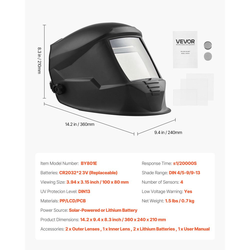 VEVOR Welding Helmet Auto Darkening, 3.94" x 3.15" True Color Welding Hood, Solar-Powered Welder Mask 4 Arc Sensors, Wide Shade 4/5-9/9-13 for TIG MIG Weld Cutting Grinding Application - METIS Series