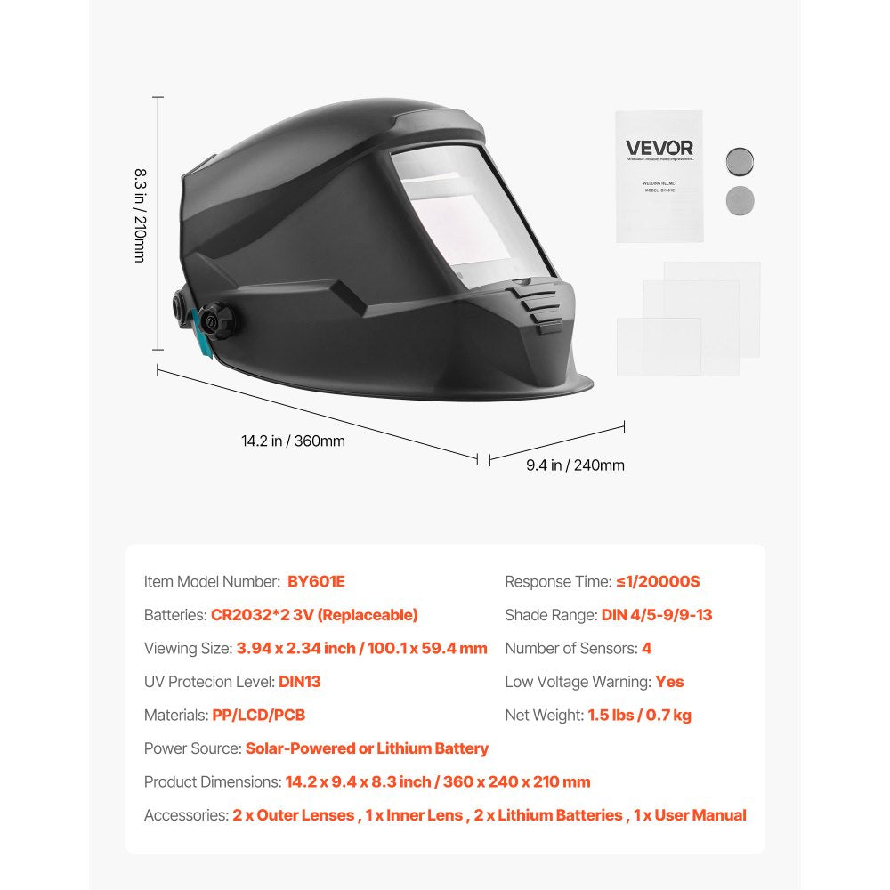 VEVOR Welding Helmet Auto Darkening, 3.94" x 2.34" True Color Welding Hood, Solar-Powered Welder Mask with 4 Arc Sensors, Wide Shade 4/5-9/9-13 for TIG MIG ARC Weld Grinding Cutting - METIS Series