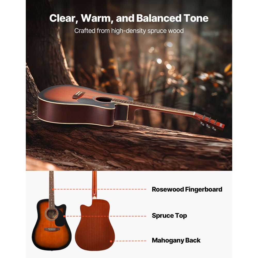 VEVOR 41 in Cutway Acoustic Guitar, 6-String, Sunburst Solid Spruce Top Guitar, Beginner Bundle with Gig Bag, Tuner, Strap, Steel Strings, Picks, Capo, Rosewood Fingerboard, for Fingerstyle Solo Jazz