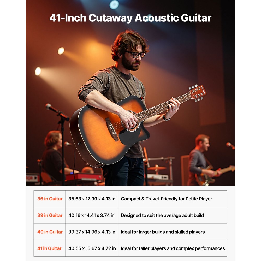 VEVOR 41 in Cutway Acoustic Guitar, 6-String, Sunburst Solid Spruce Top Guitar, Beginner Bundle with Gig Bag, Tuner, Strap, Steel Strings, Picks, Capo, Rosewood Fingerboard, for Fingerstyle Solo Jazz