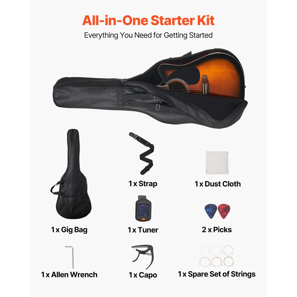 VEVOR 41 in Cutway Acoustic Guitar, 6-String, Sunburst Solid Spruce Top Guitar, Beginner Bundle with Gig Bag, Tuner, Strap, Steel Strings, Picks, Capo, Rosewood Fingerboard, for Fingerstyle Solo Jazz