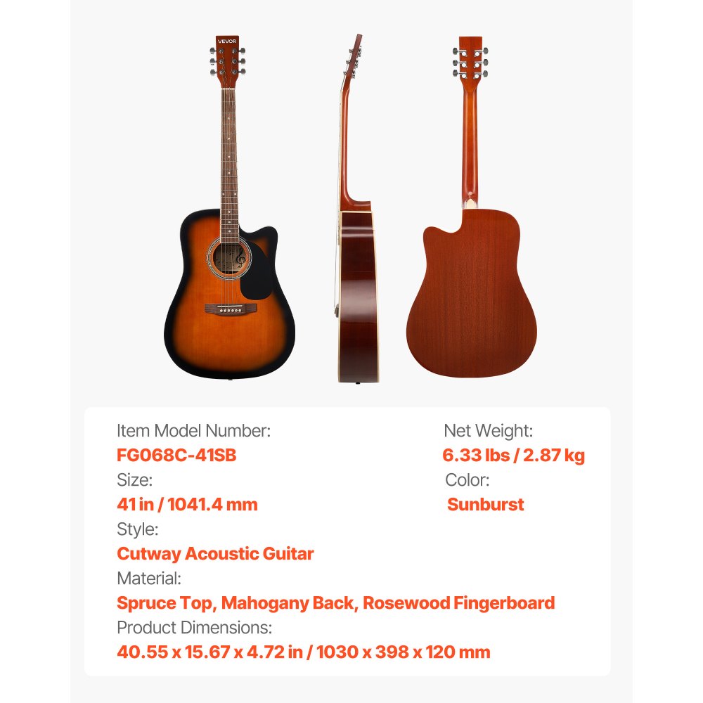 VEVOR 41 in Cutway Acoustic Guitar, 6-String, Sunburst Solid Spruce Top Guitar, Beginner Bundle with Gig Bag, Tuner, Strap, Steel Strings, Picks, Capo, Rosewood Fingerboard, for Fingerstyle Solo Jazz