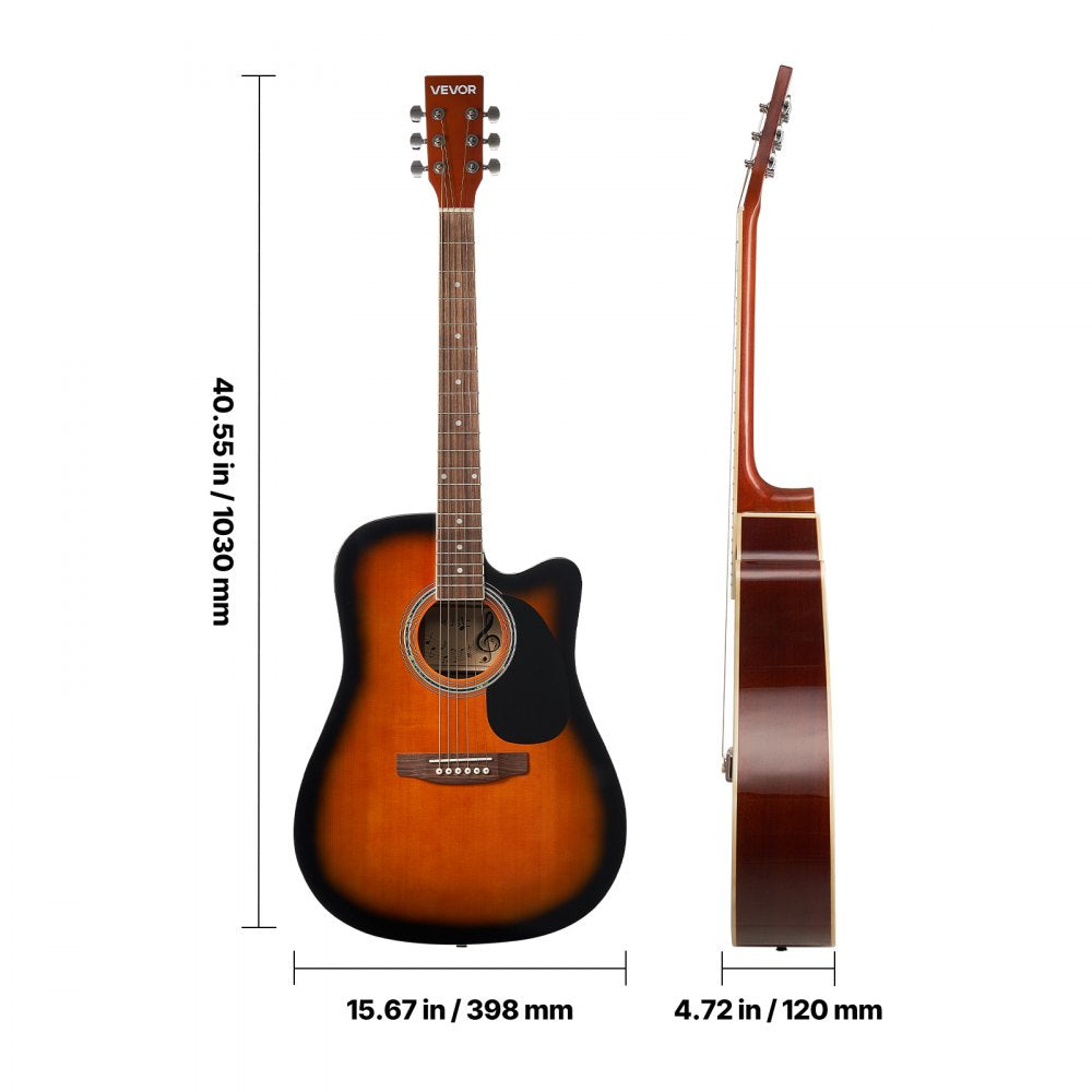 VEVOR 41 in Cutway Acoustic Guitar, 6-String, Sunburst Solid Spruce Top Guitar, Beginner Bundle with Gig Bag, Tuner, Strap, Steel Strings, Picks, Capo, Rosewood Fingerboard, for Fingerstyle Solo Jazz