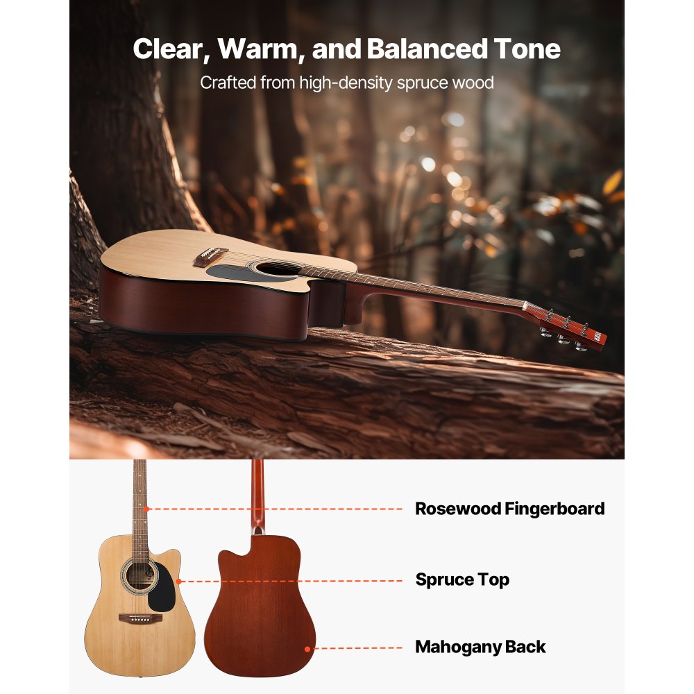 VEVOR Cutway Acoustic Guitar, 41 in, 6-String, Natural Solid Spruce Top Guitar, Beginner Bundle with Gig Bag, Tuner, Strap, Steel Strings, Picks, Capo, Rosewood Fingerboard, for Fingerstyle Solo Jazz