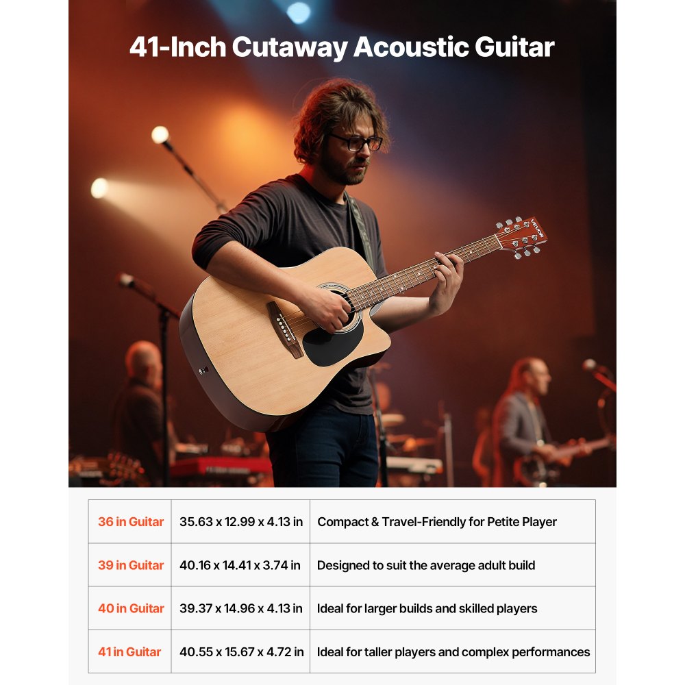 VEVOR Cutway Acoustic Guitar, 41 in, 6-String, Natural Solid Spruce Top Guitar, Beginner Bundle with Gig Bag, Tuner, Strap, Steel Strings, Picks, Capo, Rosewood Fingerboard, for Fingerstyle Solo Jazz