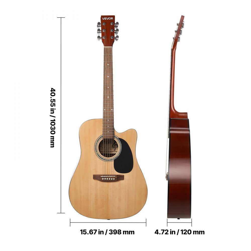 VEVOR Cutway Acoustic Guitar, 41 in, 6-String, Natural Solid Spruce Top Guitar, Beginner Bundle with Gig Bag, Tuner, Strap, Steel Strings, Picks, Capo, Rosewood Fingerboard, for Fingerstyle Solo Jazz