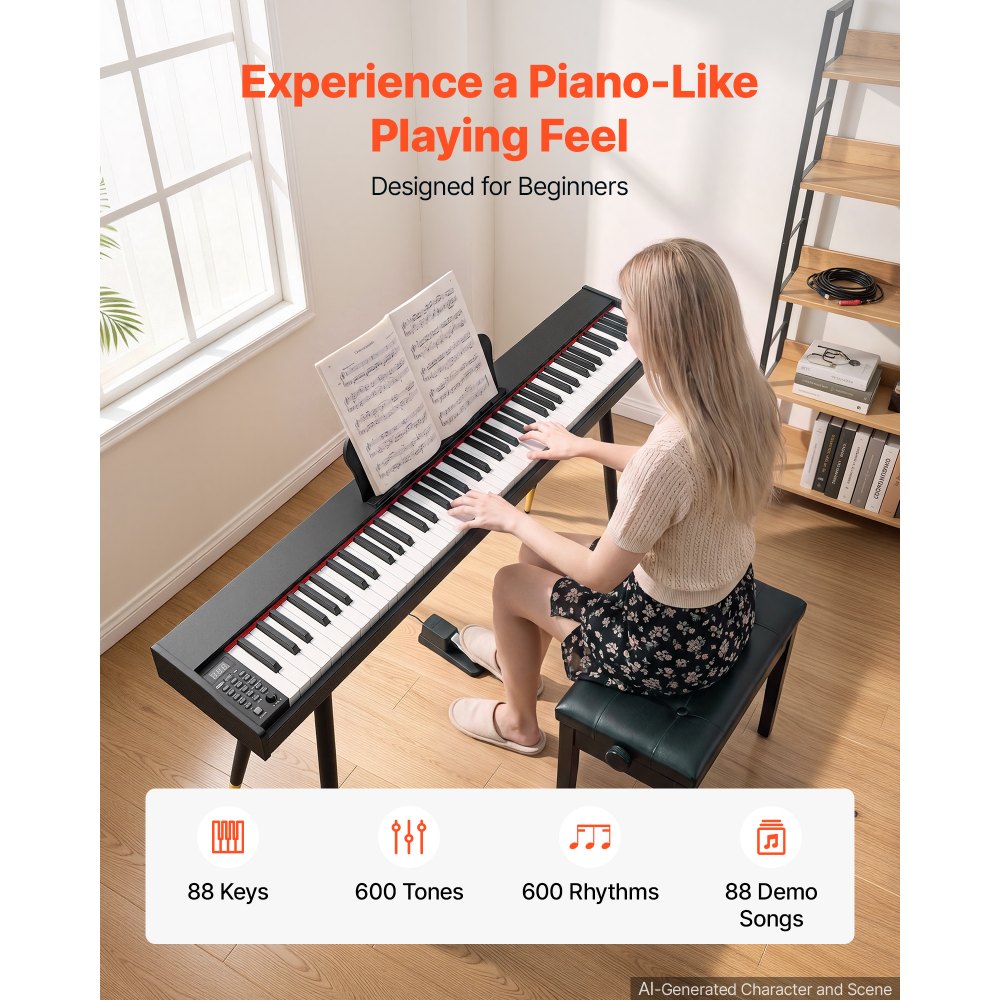 VEVOR Digital Piano 88 Keys Semi Weighted Full Size Keyboard Stand Black, for Beginners, 600 Tones, 600 Rhythms, Electric Piano, with Sustain Pedal, Speaker, Headphone Jack, USB/MIDI, Power Adapter