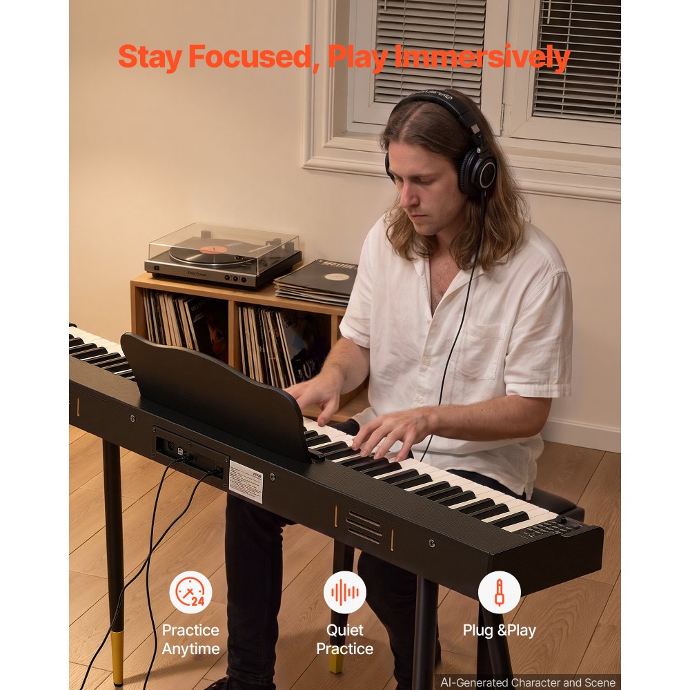 VEVOR Digital Piano 88 Keys Semi Weighted Full Size Keyboard Stand Black, for Beginners, 600 Tones, 600 Rhythms, Electric Piano, with Sustain Pedal, Speaker, Headphone Jack, USB/MIDI, Power Adapter