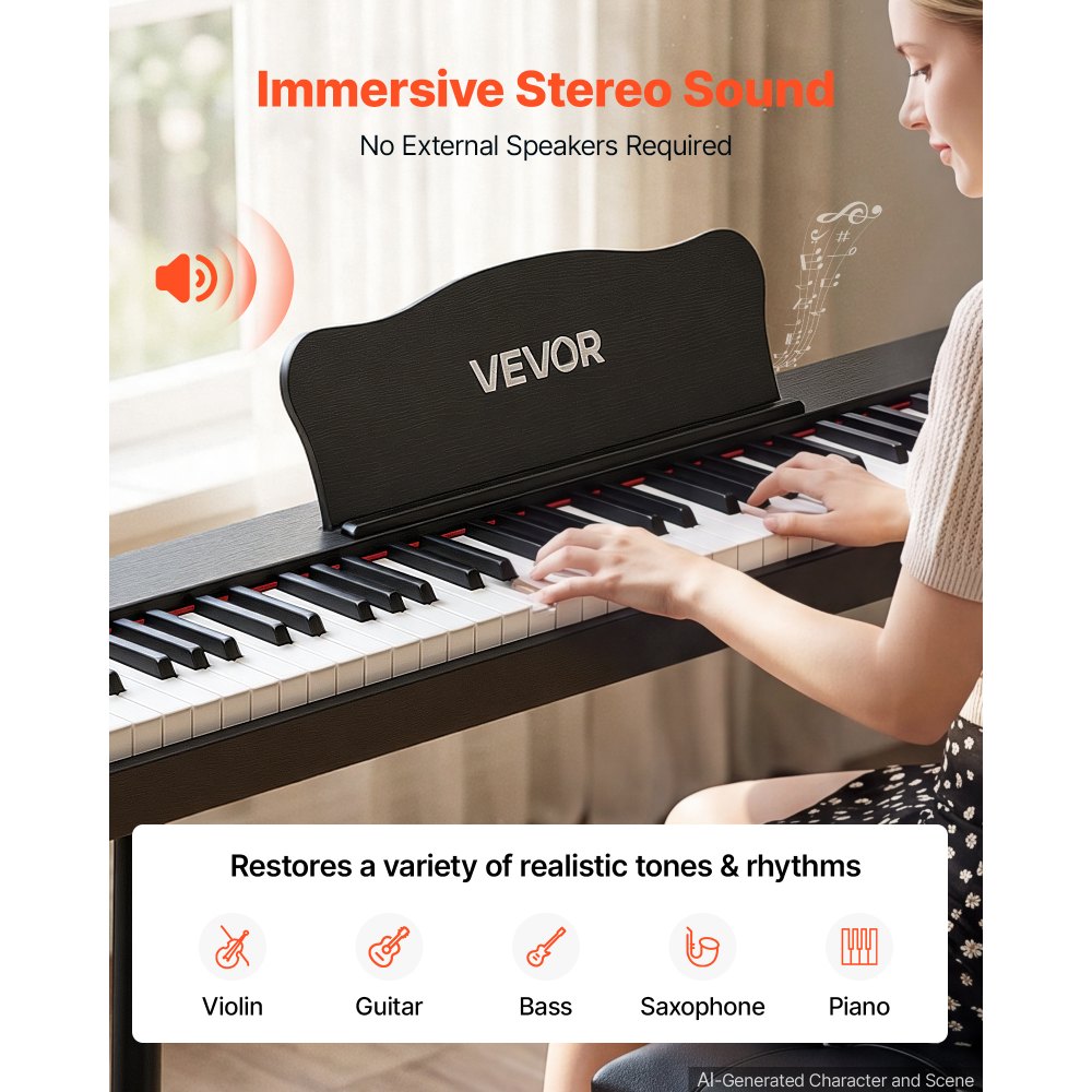 VEVOR Digital Piano 88 Keys Semi Weighted Full Size Keyboard Stand Black, for Beginners, 600 Tones, 600 Rhythms, Electric Piano, with Sustain Pedal, Speaker, Headphone Jack, USB/MIDI, Power Adapter