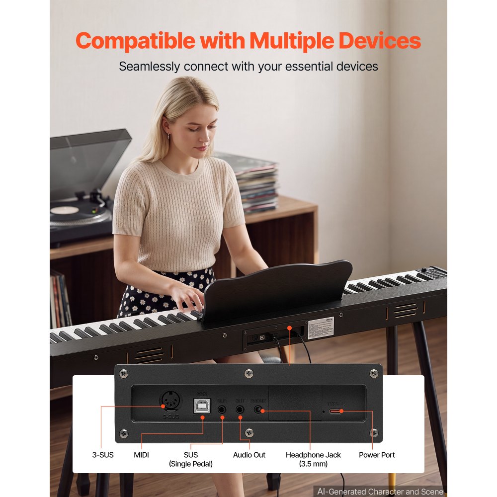 VEVOR Digital Piano 88 Keys Semi Weighted Full Size Keyboard Stand Black, for Beginners, 600 Tones, 600 Rhythms, Electric Piano, with Sustain Pedal, Speaker, Headphone Jack, USB/MIDI, Power Adapter