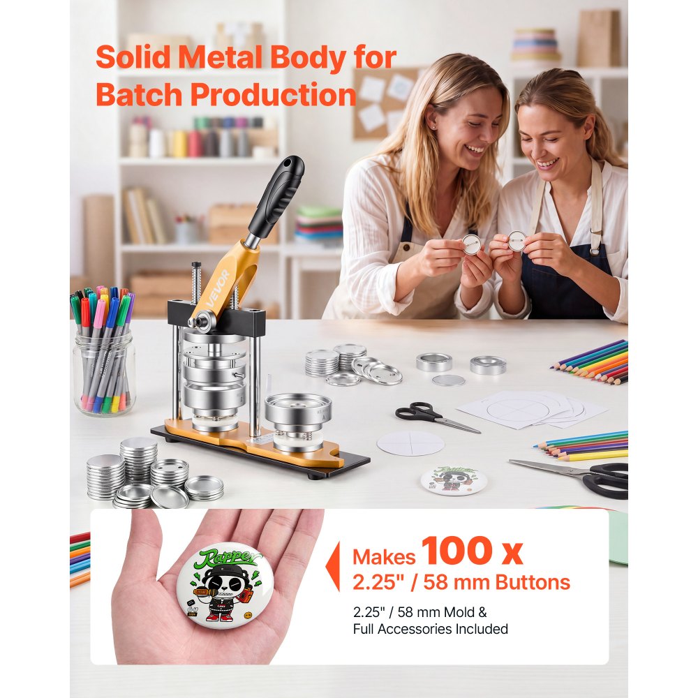 VEVOR Button Maker Machine, 2.25" / 58 mm, Solid Metal Pin Maker with 100pcs Button Parts, Circle Cutter and Magic Book, Reinforced Ergonomic Handle, Steel Mold, for DIY Badges, Pins, Key Chains