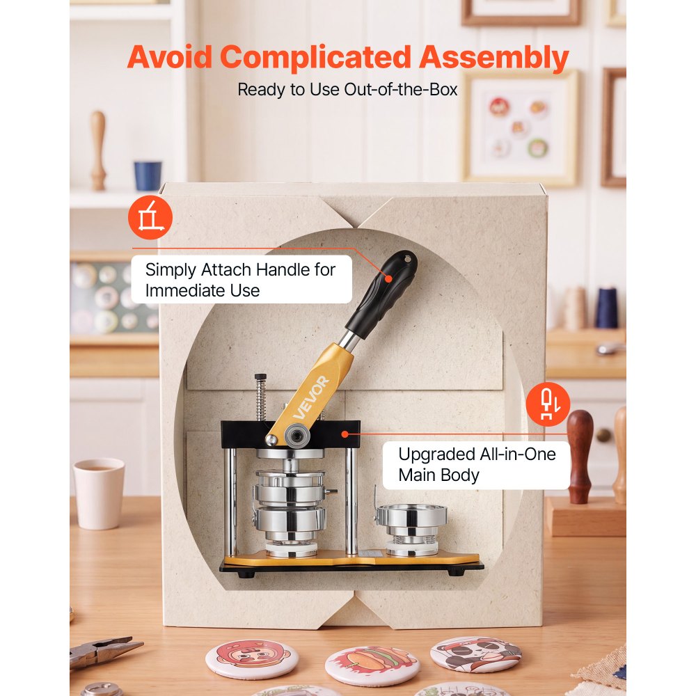 VEVOR Button Maker Machine, 2.25" / 58 mm, Solid Metal Pin Maker with 100pcs Button Parts, Circle Cutter and Magic Book, Reinforced Ergonomic Handle, Steel Mold, for DIY Badges, Pins, Key Chains