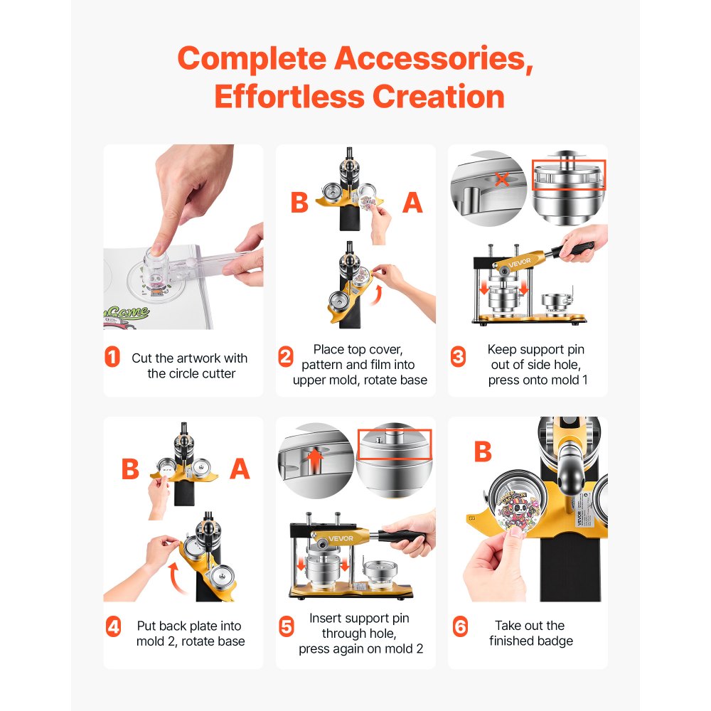 VEVOR Button Maker Machine, 2.25" / 58 mm, Solid Metal Pin Maker with 100pcs Button Parts, Circle Cutter and Magic Book, Reinforced Ergonomic Handle, Steel Mold, for DIY Badges, Pins, Key Chains