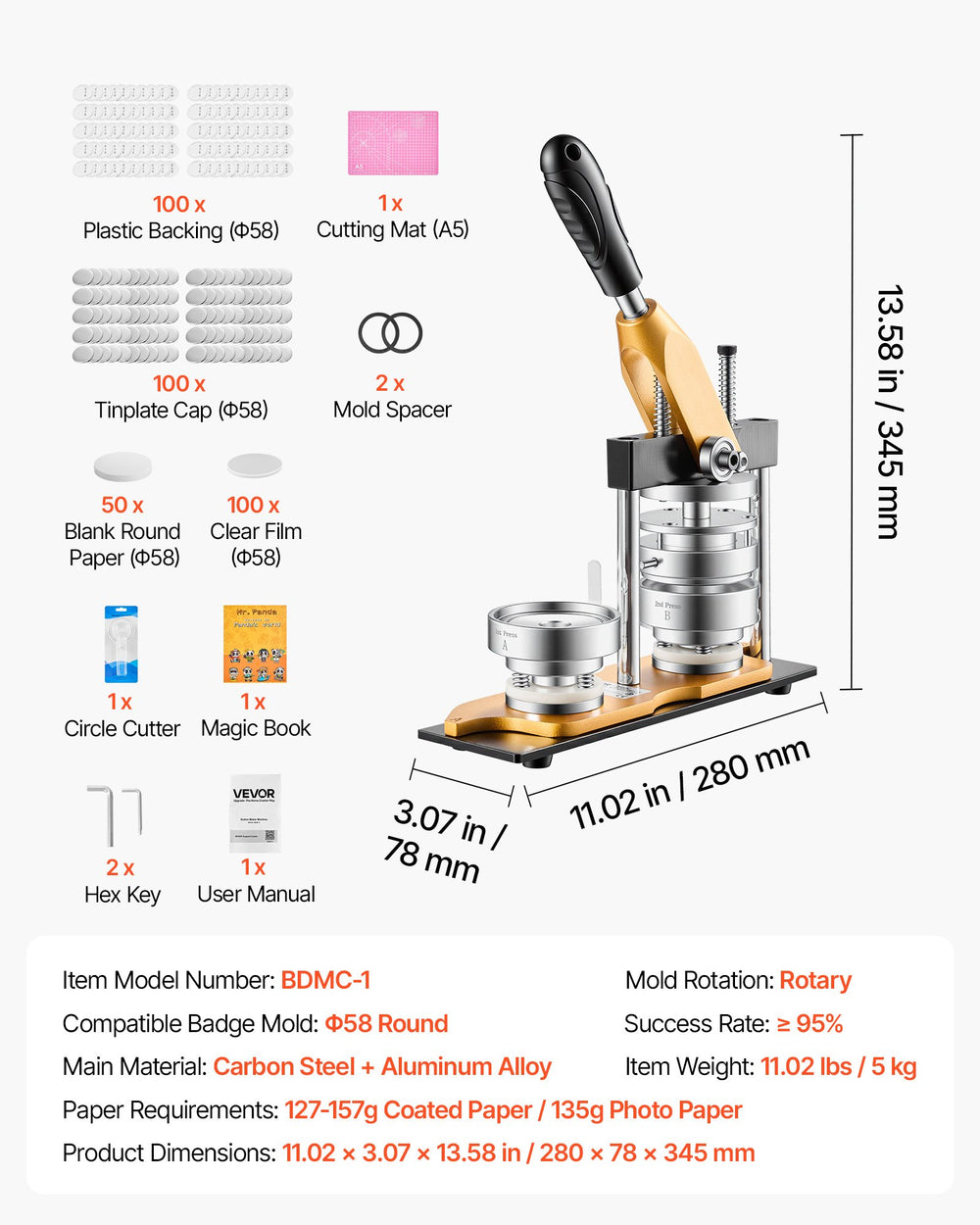 VEVOR Button Maker Machine, 2.25" / 58 mm, Solid Metal Pin Maker with 100pcs Button Parts, Circle Cutter and Magic Book, Reinforced Ergonomic Handle, Steel Mold, for DIY Badges, Pins, Key Chains