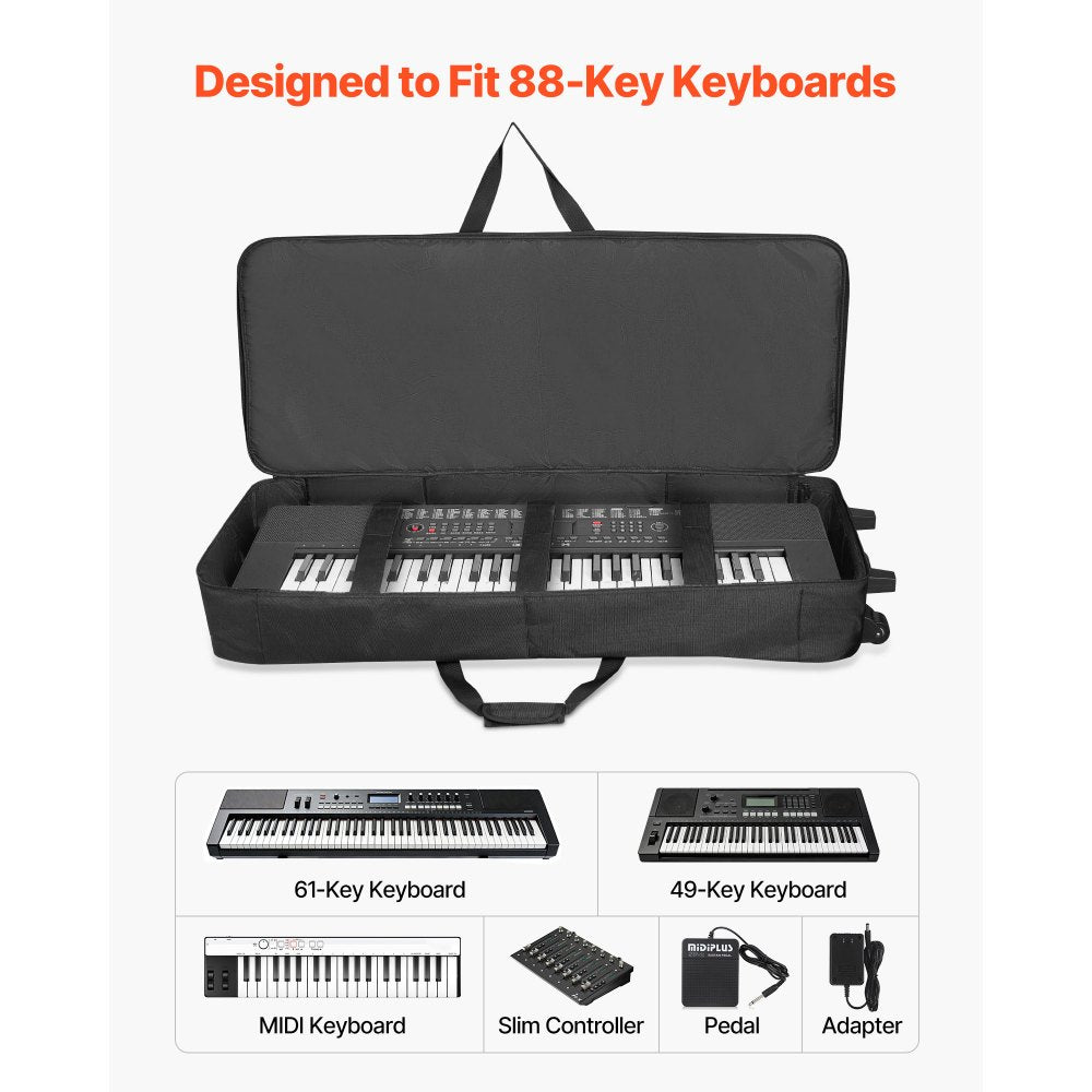 VEVOR 61 Key Keyboard Case, 40.9 x 16.9 x 5.1 in Interior, Padded Rolling Piano Case with Wheels, Sturdy Handle, 3-Pocket Storage, Gig Bag with Smooth Wheels, for 88 Note Keyboards and Electric Pianos