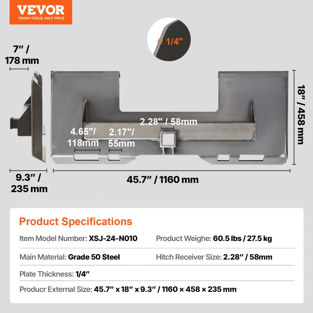 VEVOR Skid Steer Attachment Plate, 1/4" Thick Skid Steer Mount Plate with 2.28" Hitch Receiver, 3000 LBS Quick Attachment Loader Plates, Compatible with Deere, Kubota, Bobcat, Mahindra Steer, Tractor
