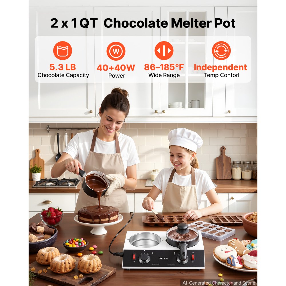 VEVOR Chocolate Melting Pot - 2 x 1 QT Pots, 86℉ - 185℉ Choc Warm Machine, 80W Even Cheese Melter, 2 Knobs Temp Control, 2 Ceramic Coated Pots, Electric Warmer for Mulled Milk Candy, Commercial & Home