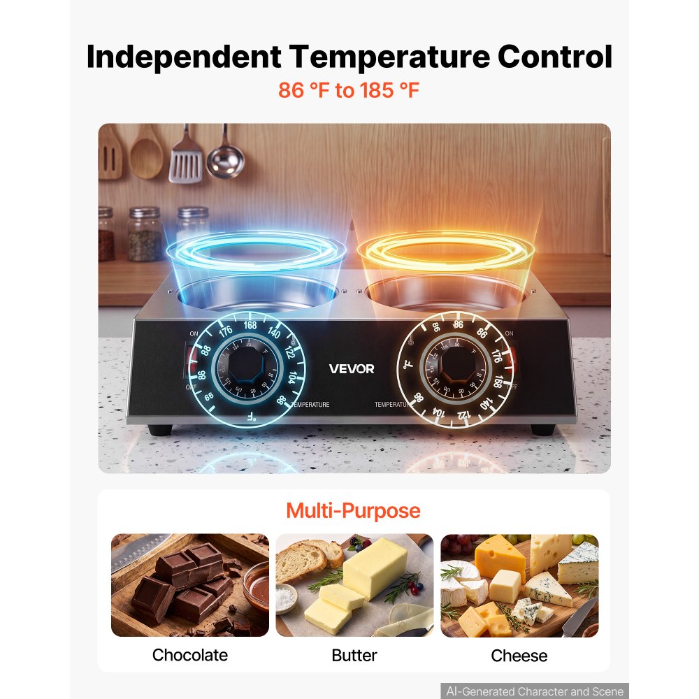 VEVOR Chocolate Melting Pot - 2 x 1 QT Pots, 86℉ - 185℉ Choc Warm Machine, 80W Even Cheese Melter, 2 Knobs Temp Control, 2 Ceramic Coated Pots, Electric Warmer for Mulled Milk Candy, Commercial & Home