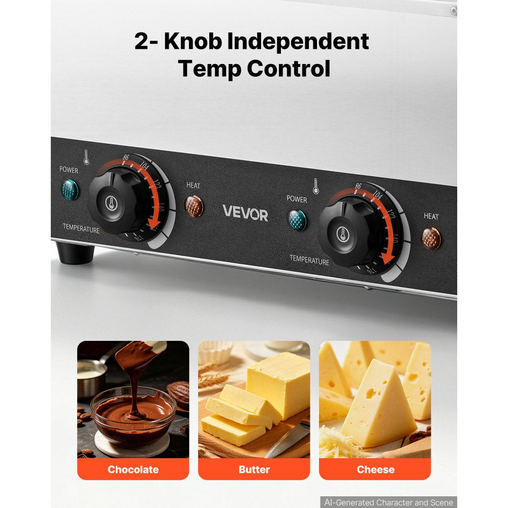 VEVOR 2-Temp Knob Chocolate Melting Machine, 2 Tanks 17.6 Lbs Choc Melter, 1600W Power, Independent Temp Control, Water Bath Heat System, Stainless Steel, 86℉ - 185℉, Cheese Warmer, Commercial & Home