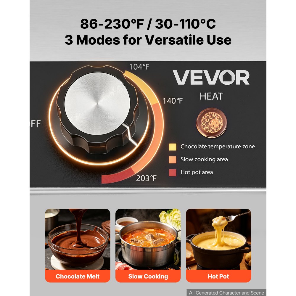 VEVOR Chocolate Melting Machine, 3 Cook Modes, 2 Tanks 9 Lbs Choc Melter, 86℉ - 230℉, 3 Cook Modes, 800W Power, Water Bath Heat System, 1/6 x 2 Pans, Stainless Steel, Cheese Warmer, Commercial & Home
