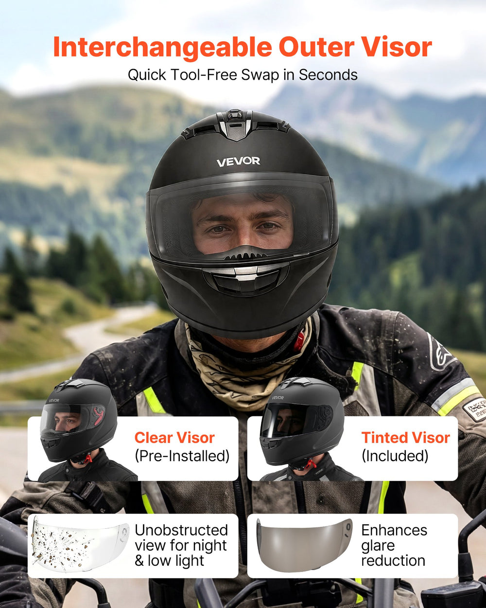 VEVOR Full Face Motorcycle Helmets, Adult Motocross Dirt Bike Helmet with Clear Visor, Lightweight Comfortable Motorcycle Street Bike Helmet for Men and Women - DOT Approved (M Size)