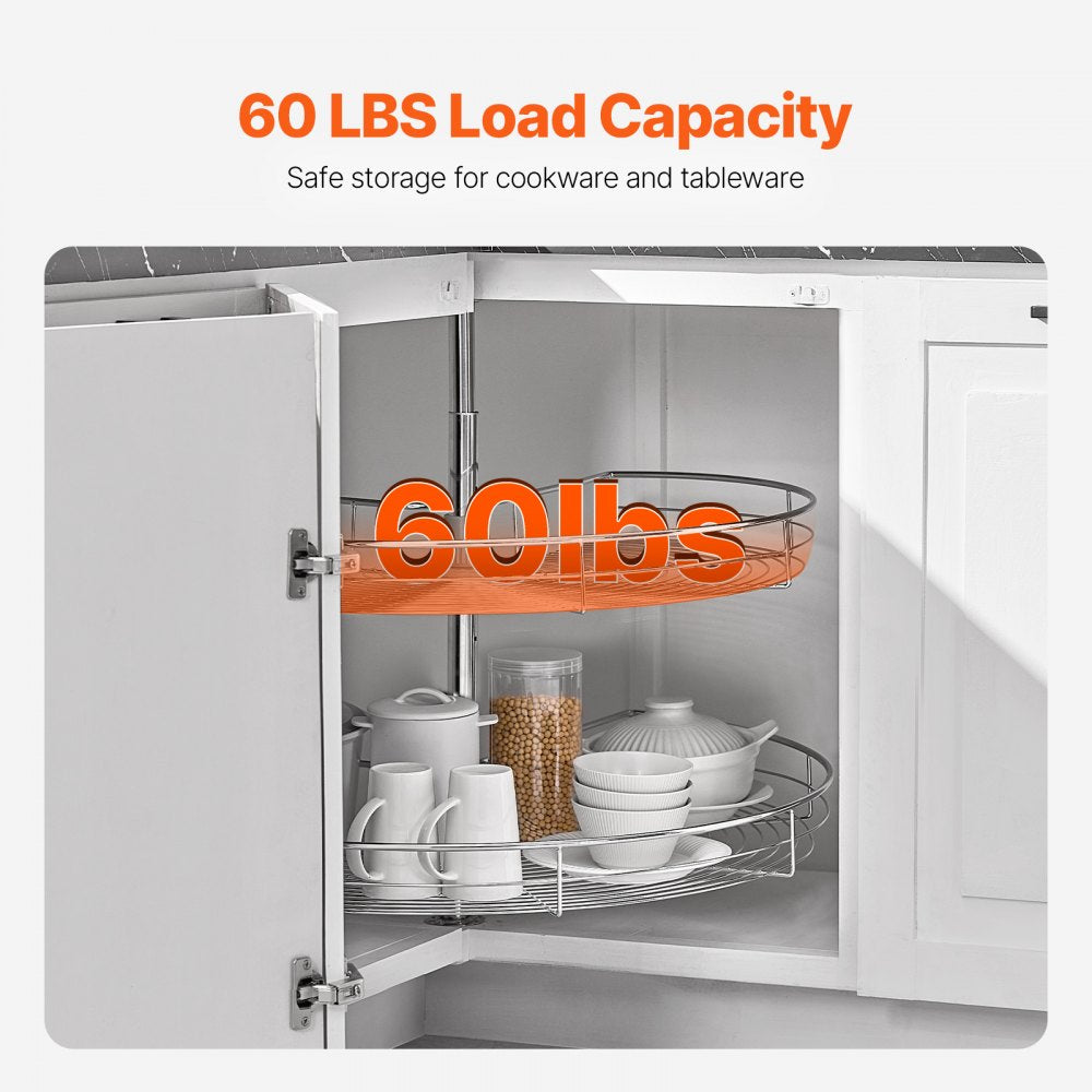 VEVOR 31.5" Kidney Shaped Chrome Corner Organizer, 360° Rotatble Kitchen Base Cabinet Blind Corner, 2 Tier Height Adjustable Storage Rack, Carbon Steel Lazy Susan Replacement Shelf for Cabinet Corner