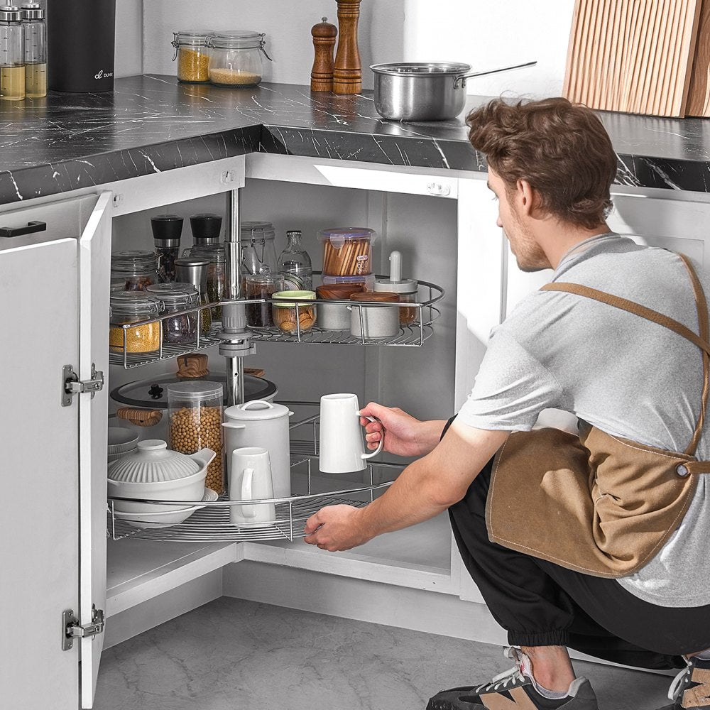 VEVOR 31.5" Kidney Shaped Chrome Corner Organizer, 360° Rotatble Kitchen Base Cabinet Blind Corner, 2 Tier Height Adjustable Storage Rack, Carbon Steel Lazy Susan Replacement Shelf for Cabinet Corner
