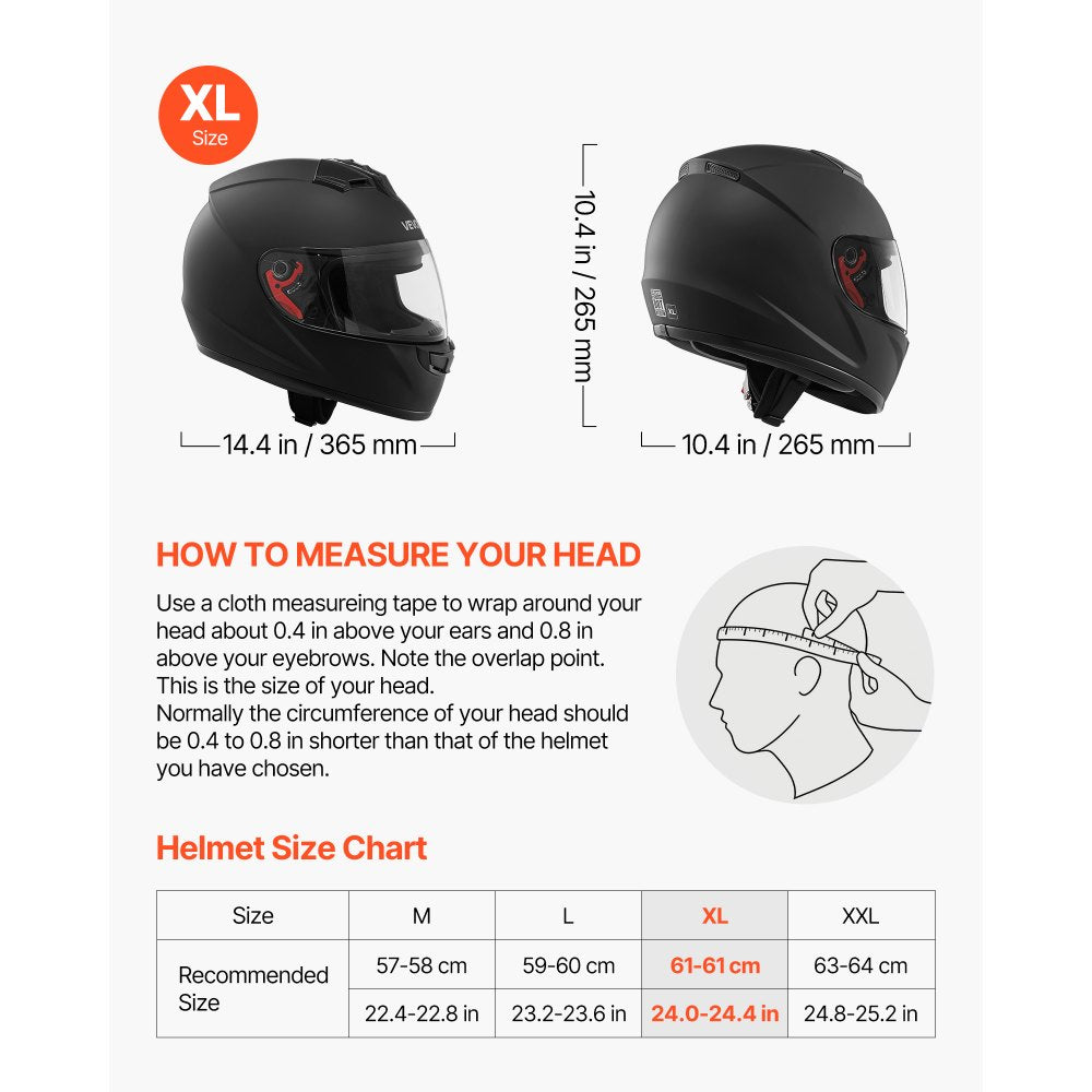 VEVOR Full Face Motorcycle Helmets, Adult Motocross Dirt Bike Helmet with Clear Visor, Lightweight Comfortable Motorcycle Street Bike Helmet for Men and Women - DOT Approved (XL Size)