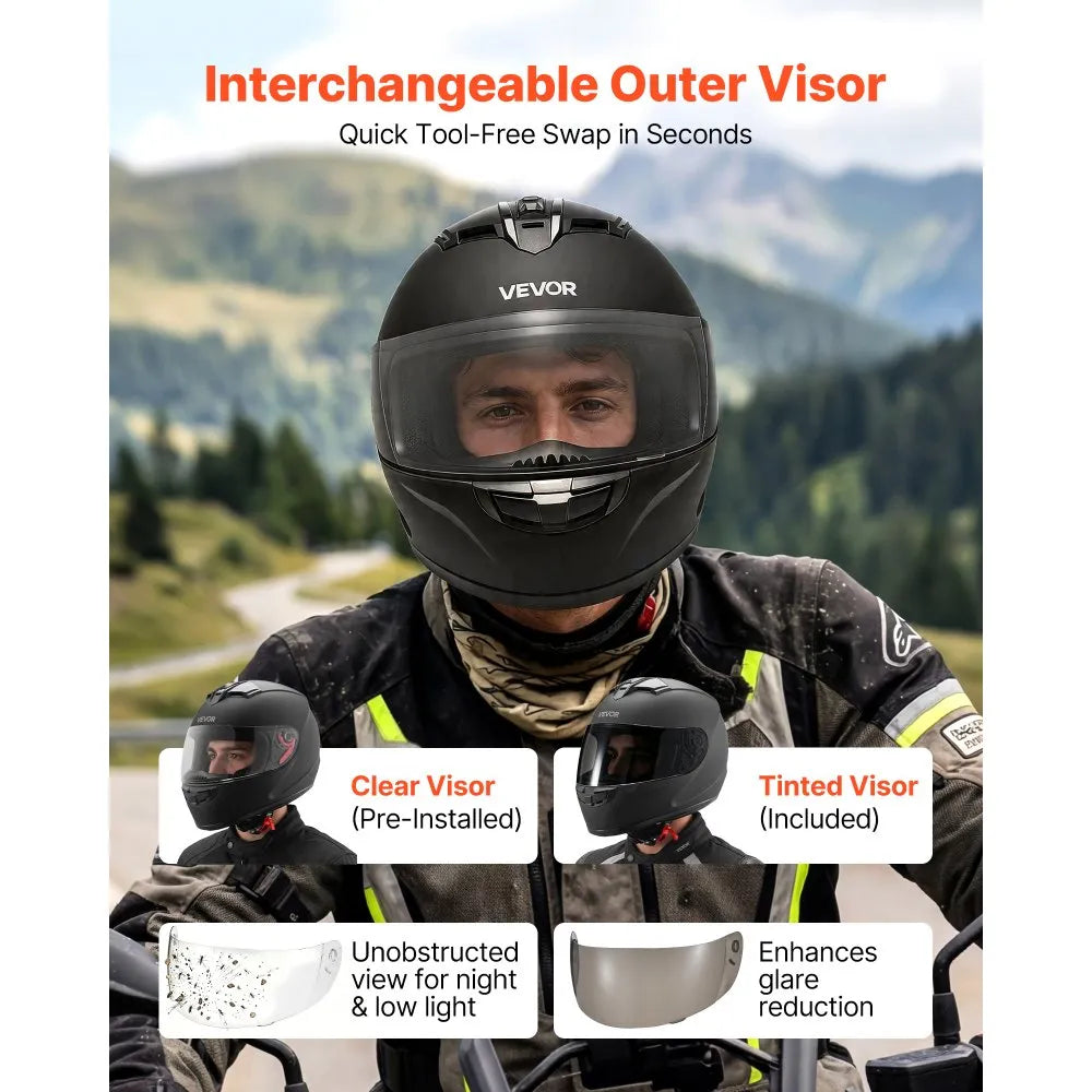 VEVOR Full Face Motorcycle Helmets, Adult Motocross Dirt Bike Helmet with Clear Visor, Lightweight Comfortable Motorcycle Street Bike Helmet for Men and Women - DOT Approved (XL Size)