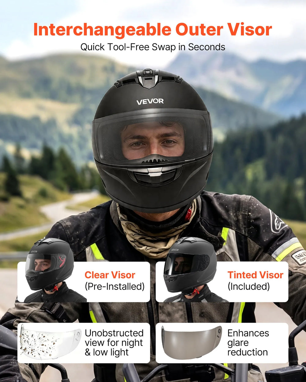 VEVOR Full Face Motorcycle Helmets, Adult Motocross Dirt Bike Helmet with Clear Visor, Lightweight Comfortable Motorcycle Street Bike Helmet for Men and Women - DOT Approved (XL Size)