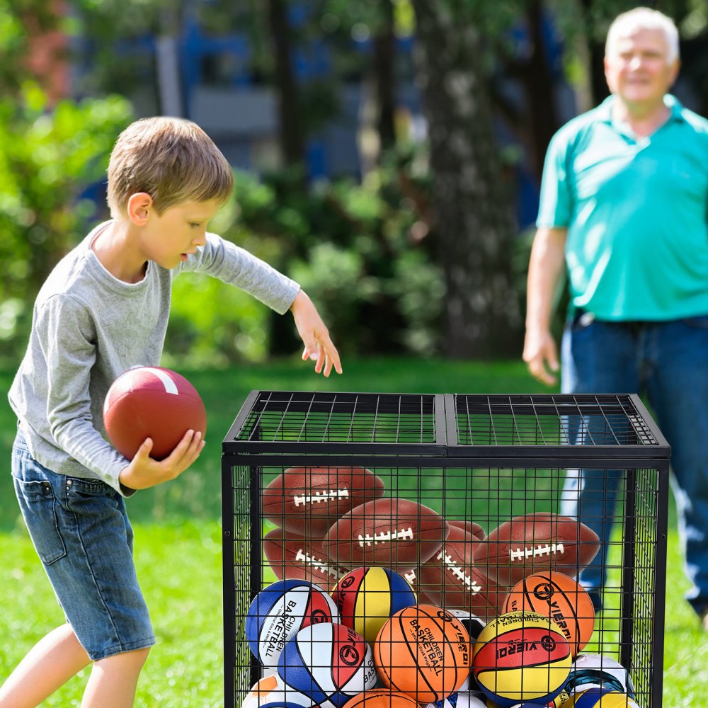 VEVOR Rolling Sports Ball Storage Cart, Basketball Cage with Double Lids, Sport Equipment Holder Organizer for Indoor Outdoor, Steel Storage Rack for Garages, Playgroup, Gym and Schools