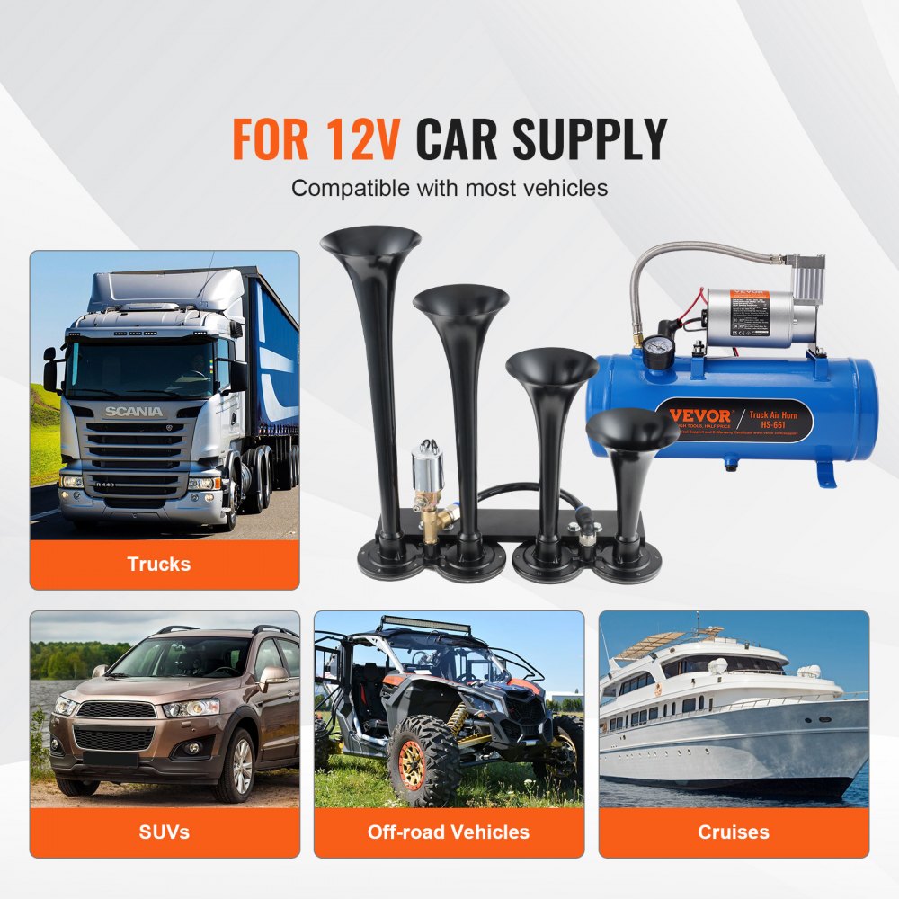 VEVOR Train Horns Kit, 4 Trumpet Air Horn Kit, 150dB Train Horns for Pickup Trucks, 12V 120 psi Air Compressor 1.6 Gal/6 L Tank with Gauge for Any 12V Vehicle Car Truck Train Van Boat